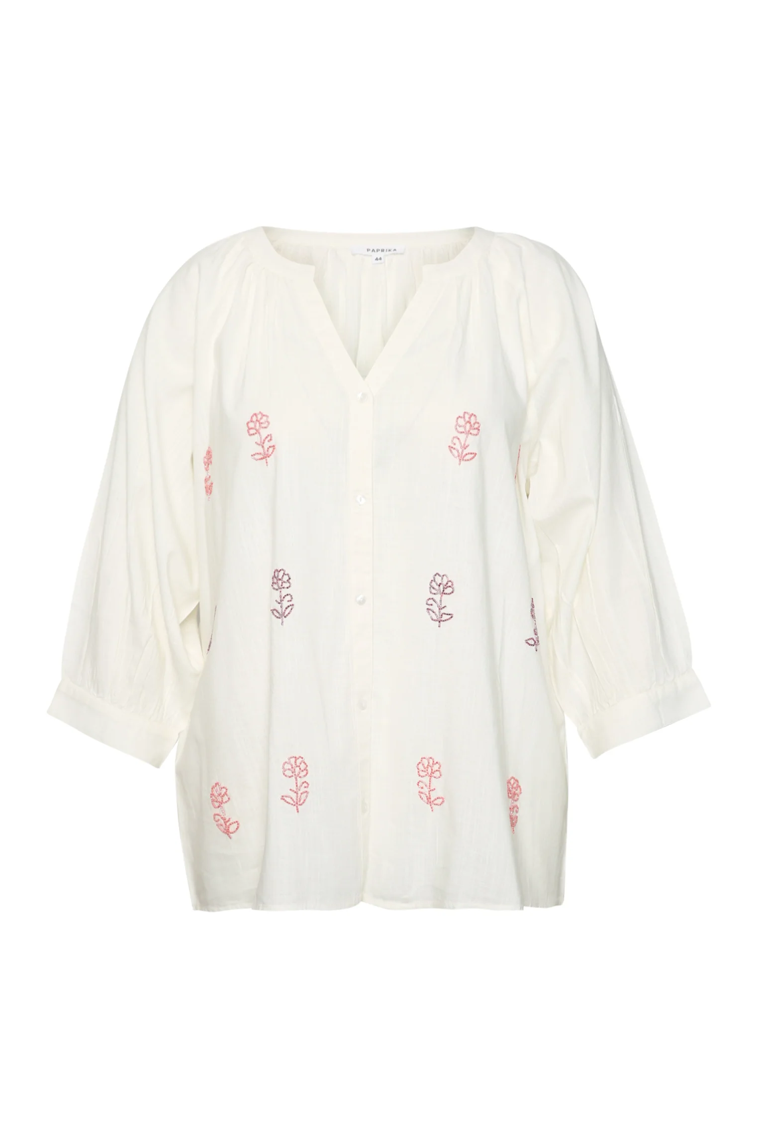 Blouse en coton et viscose unie avec fleurs perlées