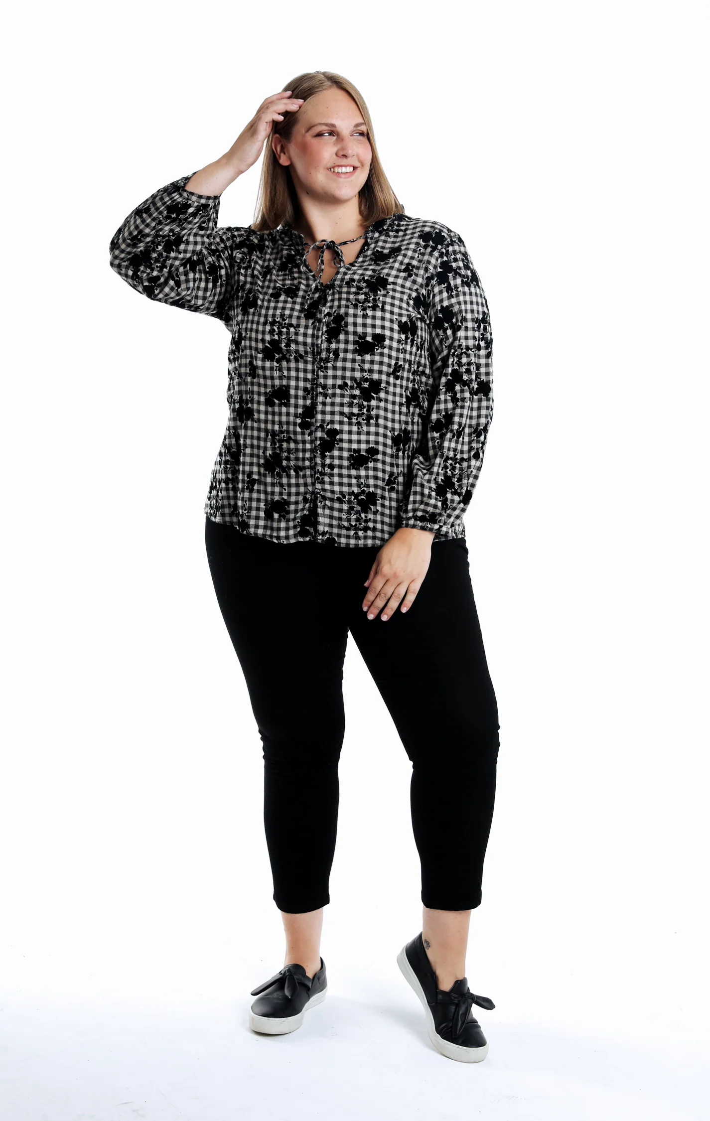 Blouse en coton imprimé vichy et fleurs flockées - Image 6