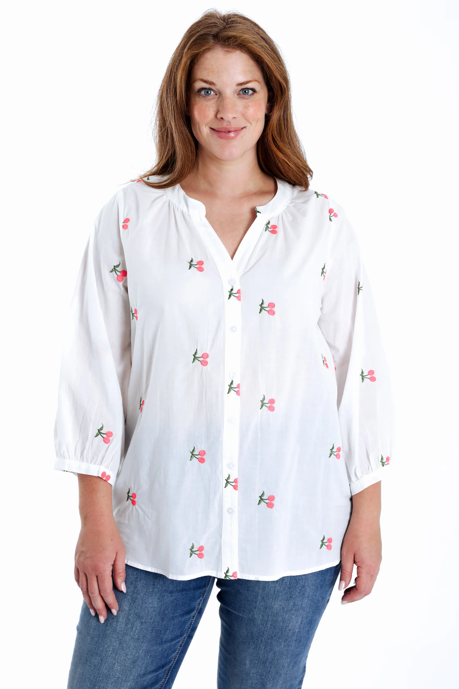 Blouse en coton unie avec broderies cerises