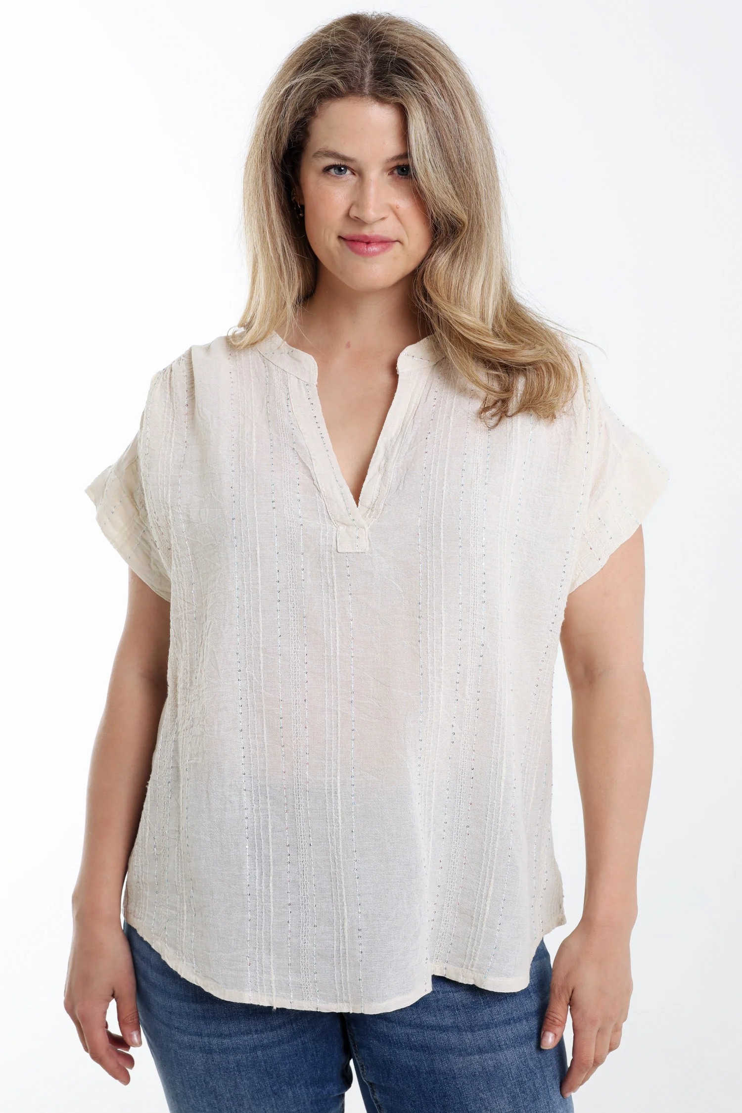 Blouse en coton unie avec rayures en sequins