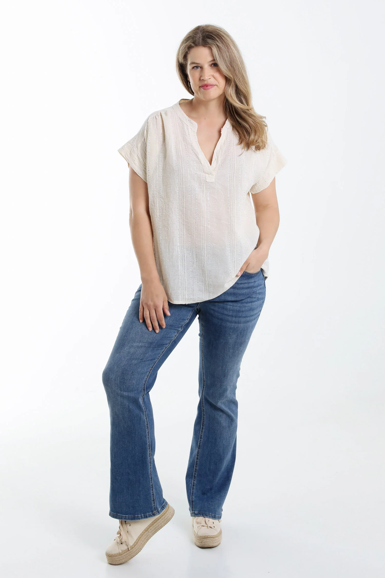 Blouse en coton unie avec rayures en sequins - Image 7