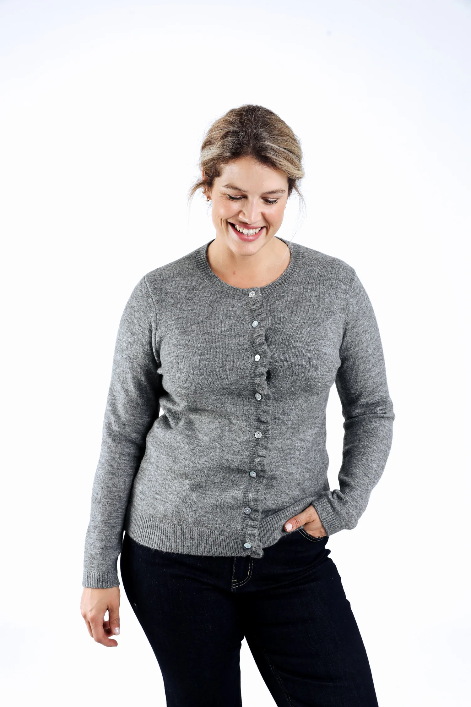Cardigan boutonné uni avec volants - Image 10