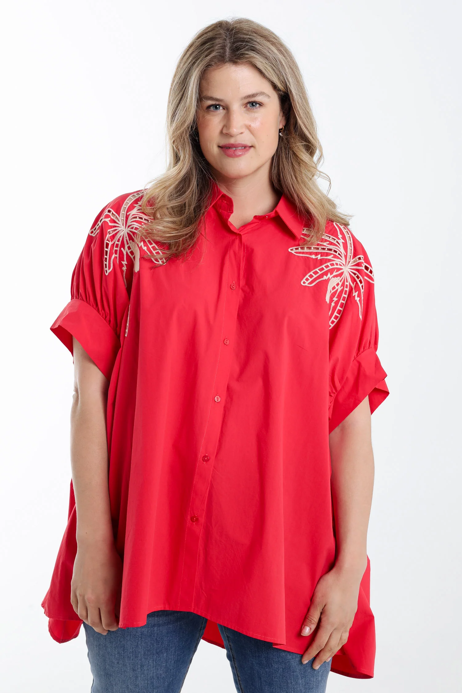 Chemise oversize en coton unie avec broderies