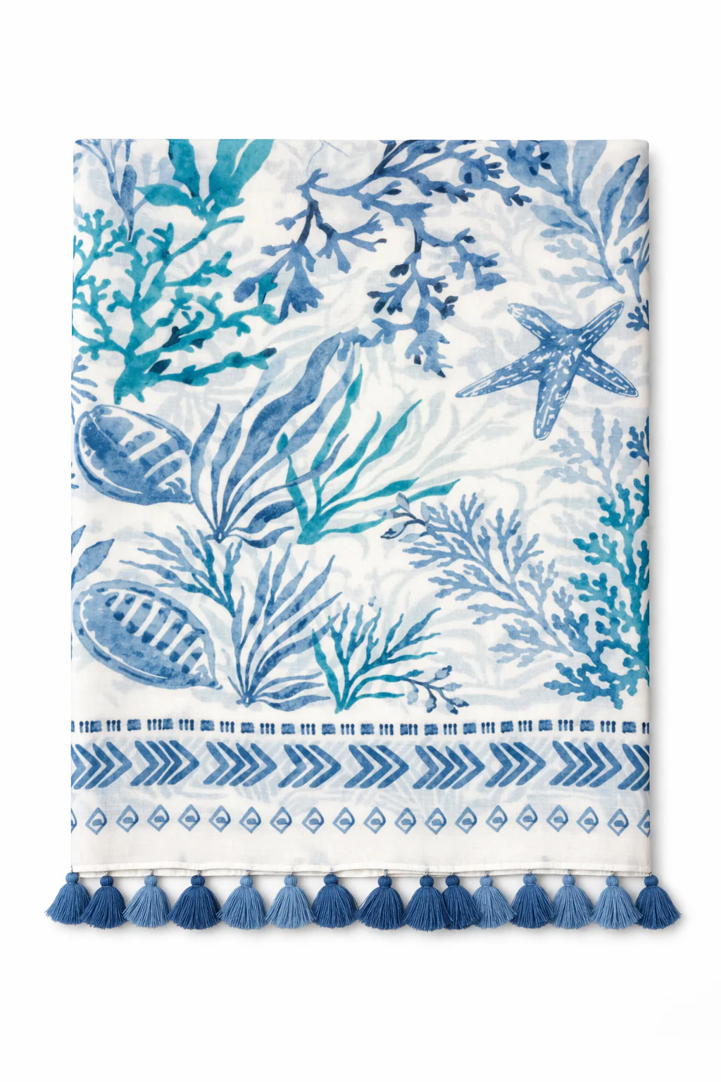 Foulard en viscose et coton imprimé coraux avec pompons