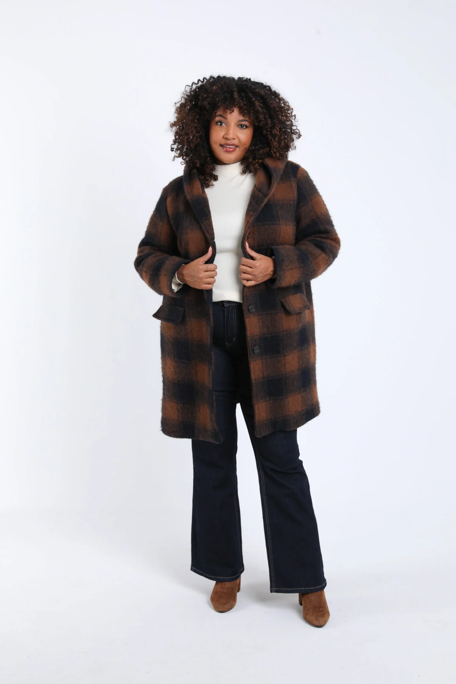 Manteau en laine Ă carreaux avec capuche