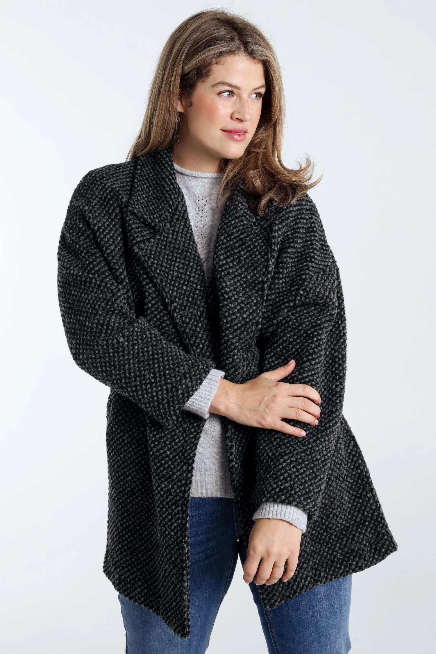 Manteau uni en tissu moucheté avec laine - Image 23