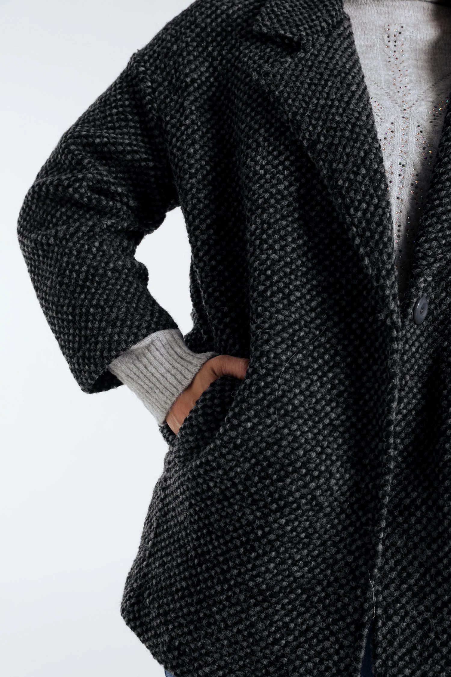 Manteau uni en tissu moucheté avec laine - Image 28