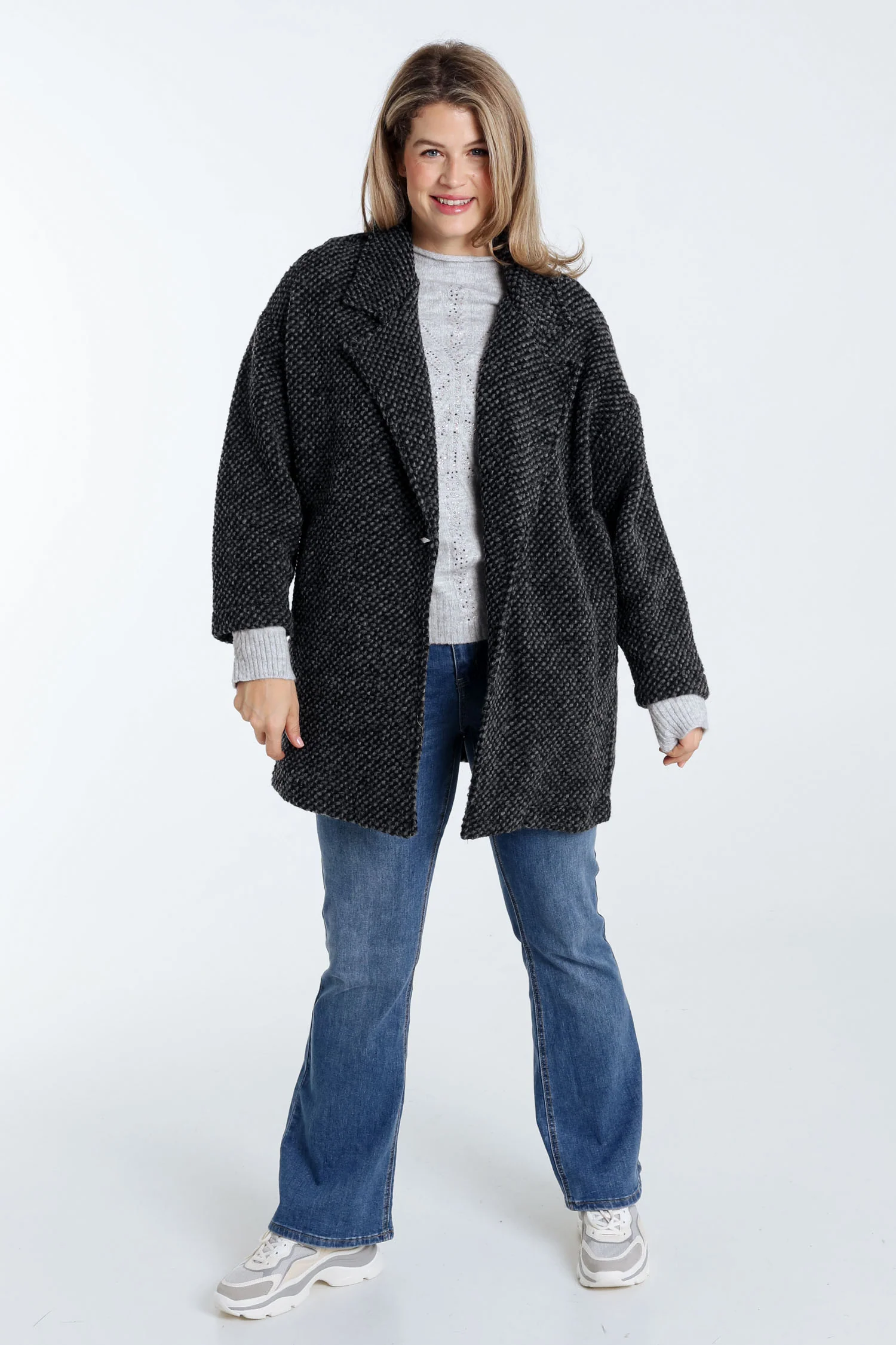 Manteau uni en tissu moucheté avec laine - Image 29