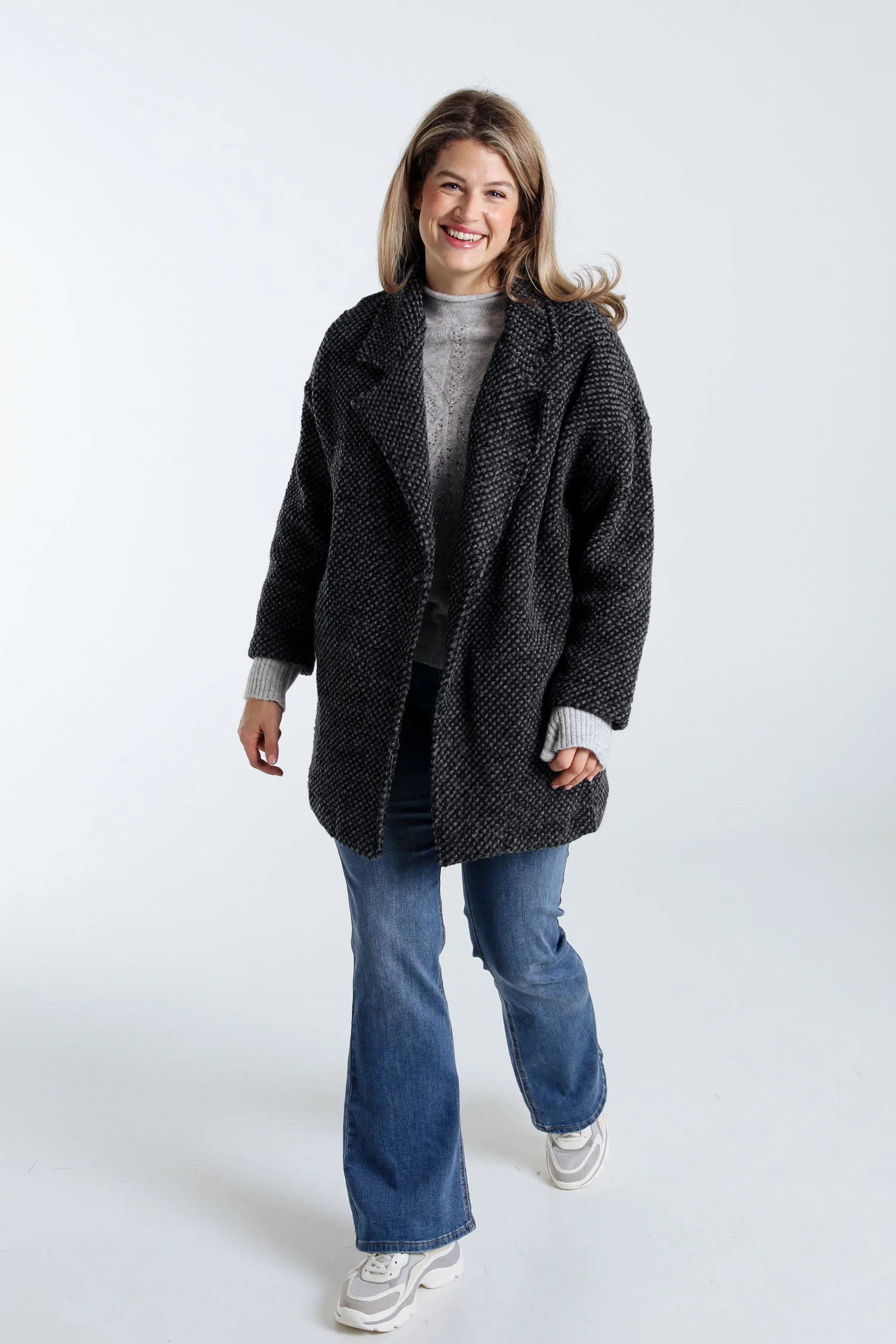 Manteau uni en tissu moucheté avec laine - Image 30