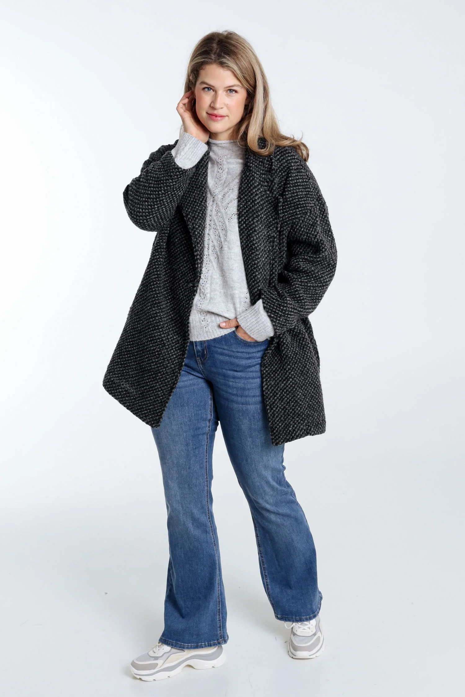 Manteau uni en tissu moucheté avec laine - Image 31