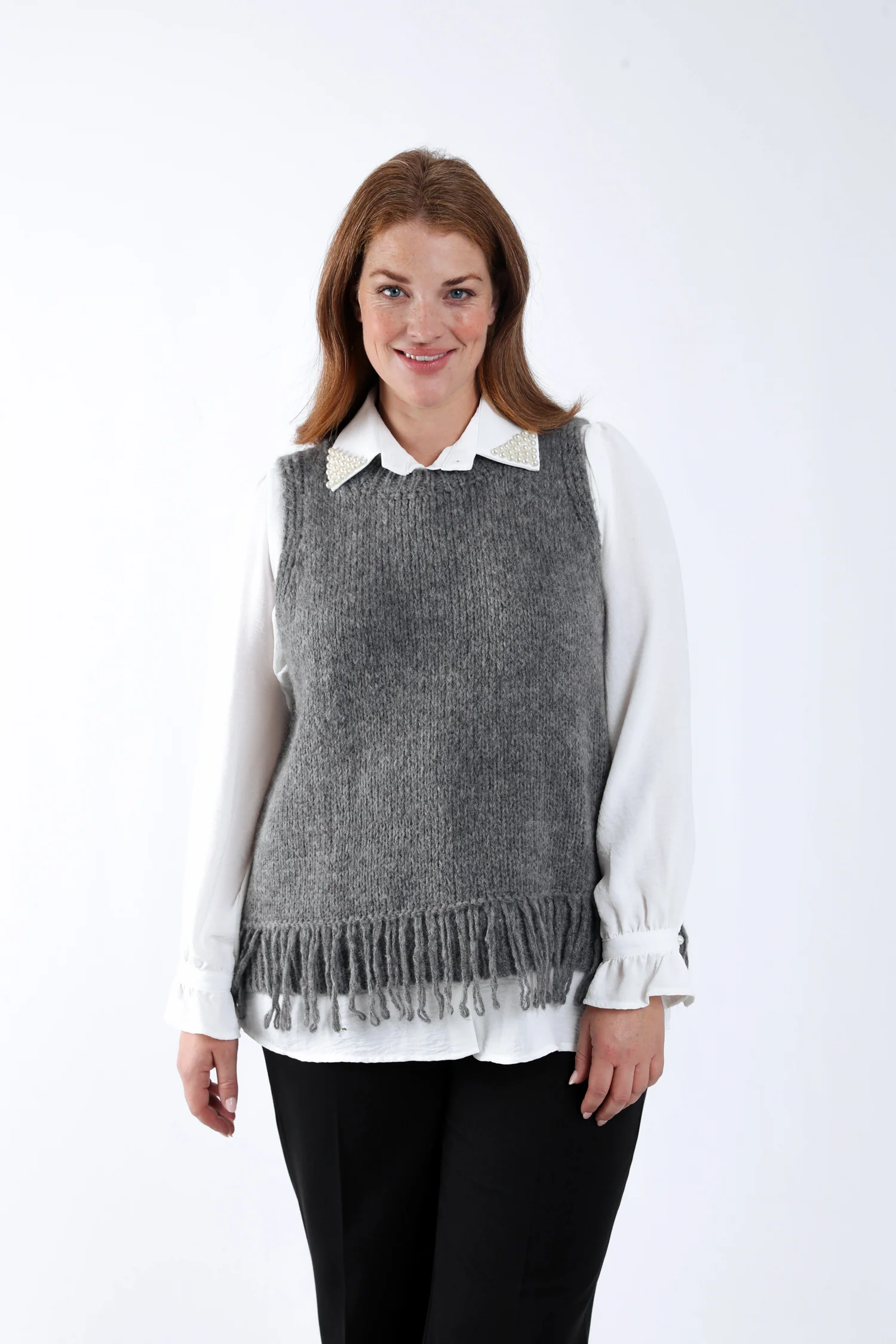 Pull sans manches uni Ă franges