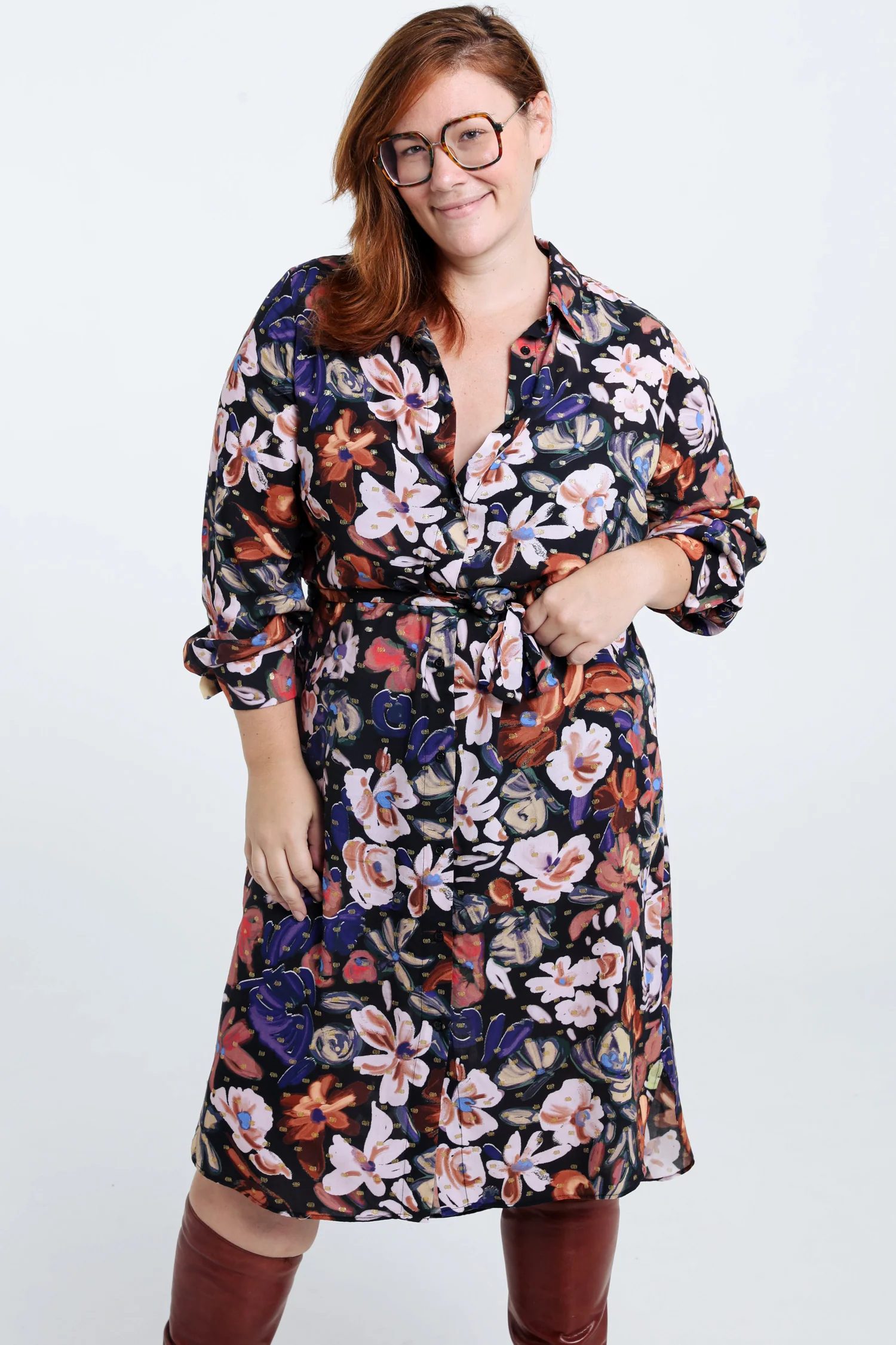 Robe chemise Ă fleurs avec lurex